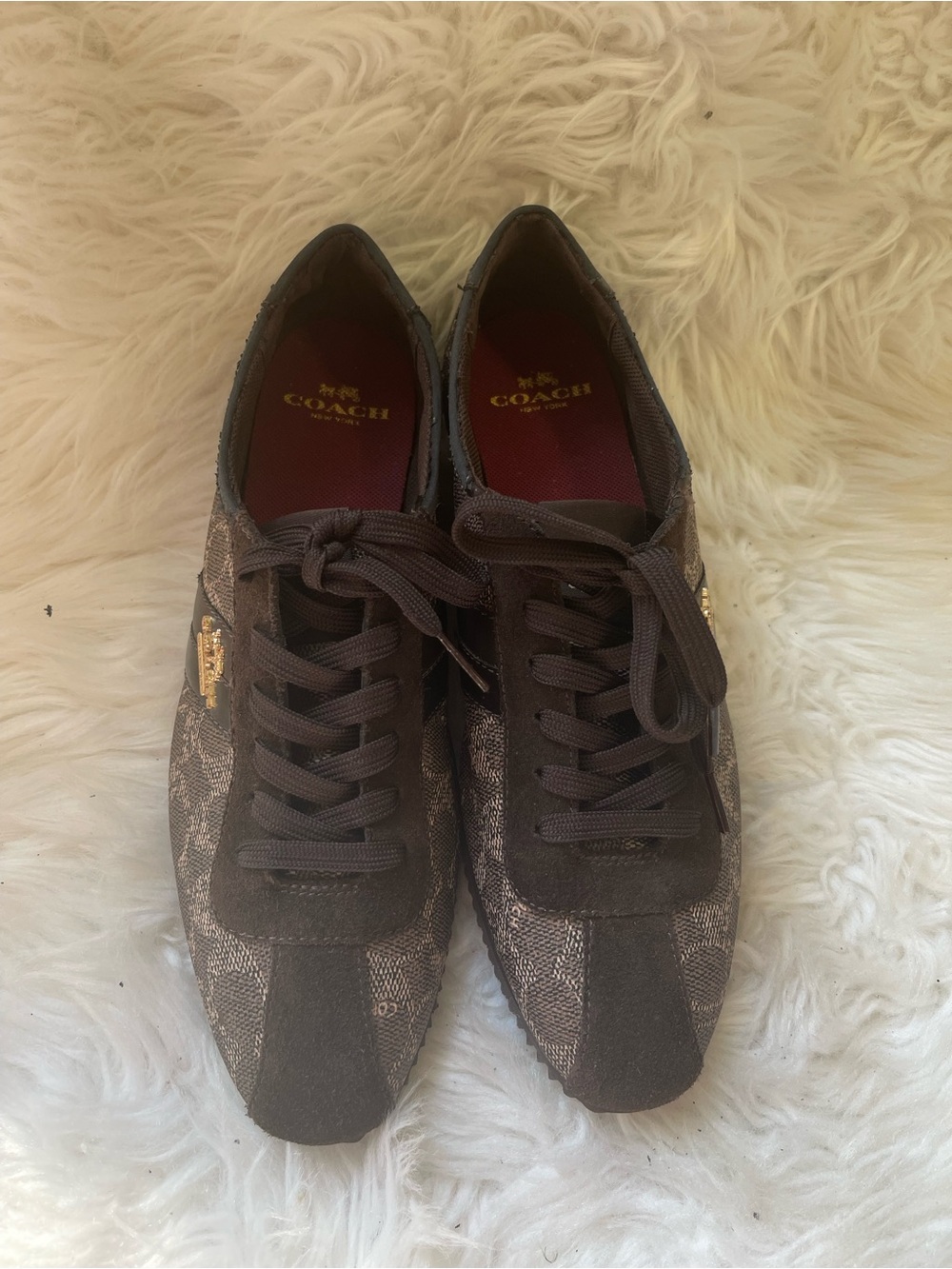 Coach Brown Signature Logo Sneakers suede & faux leather trim EUR SZ39.5